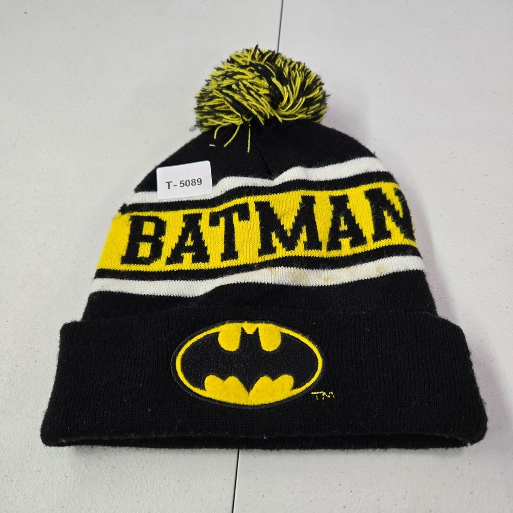DC Comics Batman Men‎ Hat One Size Black Striped Beanie Logo Pom Pom Knit